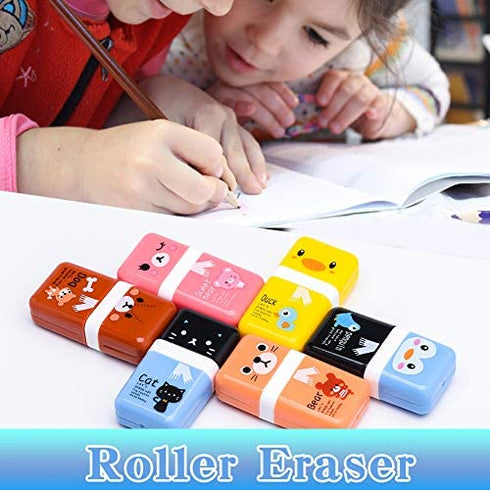 Sooez 12 Pack Pencil Erasers, Cute Erases Pencil Eraser with Clean up Roller Pencil Eraser Shaving Roller Case Erasers for Party Favors Gift Supplies