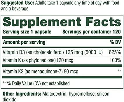 MegaFood Vitamin D3 5000 IU (125 mcg) - Bone Health and Immune Support with Vitamins D3, K, and K2 - Vegetarian, Gluten-Free - Made Without Dairy or Soy - 120 Caps