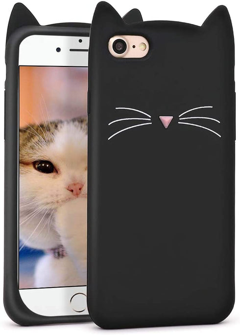 MEGANTREE Cute iPhone SE 2022 case, iPhone SE 2020 case, Black Whisker Cat Ears Kitty Case, iPhone 7 case, iPhone 8 case, iPhone 6 case, iPhone 6s case, Funny 3D Cartoon Animal Soft Silicone Cover