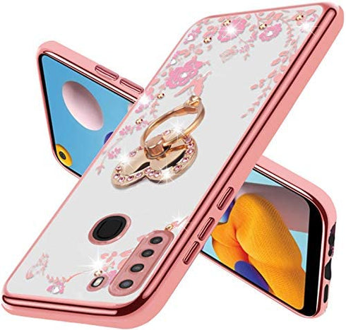 B-wishy for Samsung Galaxy A21 Case for Women, Glitter Crystal Butterfly Heart Floral Slim TPU Luxury Bling Cute Protective Cover with Kickstand+Strap for A21(Rose Gold)