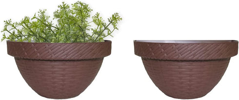 Elly D©cor Set of 2 10" Wall Modern, Resistant and Self Watering Planter Plates for Indoor or Outdoor Areas Durable Plastic Plant Pots with Rattan-Like Finish, Chocolate Brown