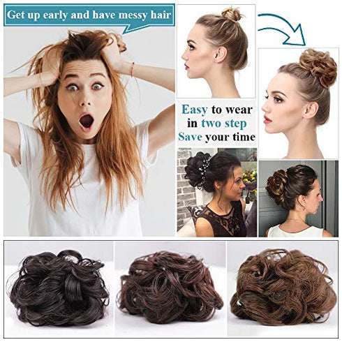 DeeThens Messy Bun Hair Piece Tousled Updo Hairpiece for Women Wavy Curly Scrunchies Clip in Claw Hair Bun Synthetic Chignon Claw Clip With Hair Attached (Darkest Brown)