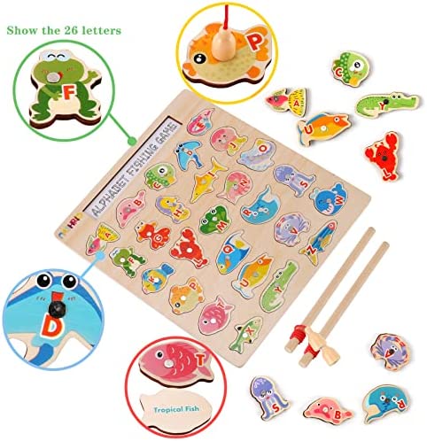 NASHRIO Magnetic Wooden Fishing Game Toy for Toddlers, Alphabet Fish Catching Games Puzzle with Letters, Preschool Learning ABC Educational Toys for 3 4 5 6 Years Old Girl Boy Kids