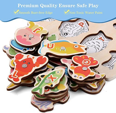 NASHRIO Magnetic Wooden Fishing Game Toy for Toddlers, Alphabet Fish Catching Games Puzzle with Letters, Preschool Learning ABC Educational Toys for 3 4 5 6 Years Old Girl Boy Kids