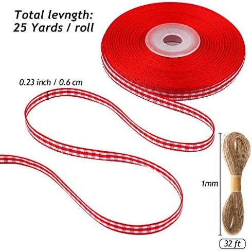 3 Rolls 75 Yards Gingham Ribbon Buffalo Woven Edge Ribbon with 10 M Twine Rope, Taffeta Ribbon Wrapping Plaid Ribbons for Hair Accessories Craft and Christmas Wrapping (4 Pieces)