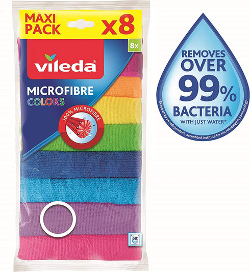 Vileda Microfibre Colors, Panni in Microfibra, Lavabili in Lavatrice, Riutilizzabili, Multicolore, 30x30 cm, 8 Pezzi