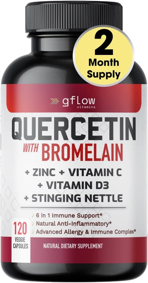 Quercetin with Vitamin C and Zinc - Quercetin 500mg - Quercetin with Bromelain - Zinc Quercetin - Stinging Nettle -120 Veggie Caps. Quercetin Supplements + Vitamin D3 (Non-GMO, Gluten-Free, Vegan)