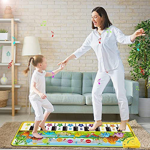 M SANMERSEN Piano Mat for Kids, 43” x 14” Dinosaur Floor Keyboard Music Dance Play Mat with 10 Demo Songs/ 8 Dinosaur Sounds/ Adjustable Volume/ Record/ Playback Musical Mat Toys Gift for Boys Girls