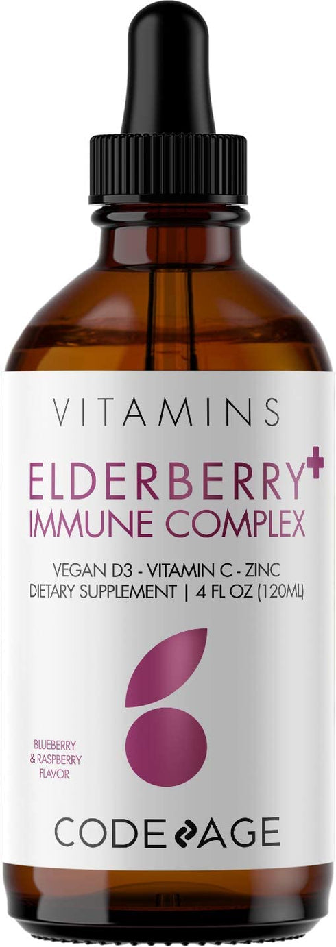 Codeage Black Elderberry Syrup, Vitamin C, Vitamin D, Zinc, Black Currant - Black Sambucus Liquid Drops Supplement for Kids & Adults – Elderberries Juice - Flavonoid, Vegan – 2-Month Supply – 4 fl oz