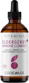 Codeage Black Elderberry Syrup, Vitamin C, Vitamin D, Zinc, Black Currant - Black Sambucus Liquid Drops Supplement for Kids & Adults – Elderberries Juice - Flavonoid, Vegan – 2-Month Supply – 4 fl oz