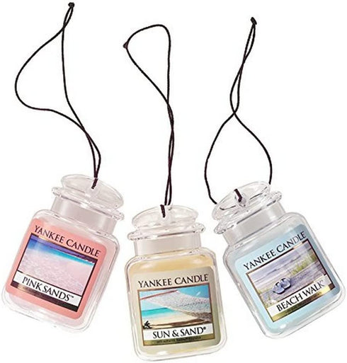 Yankee Candle Car Air Fresheners, Hanging Car Jar® Ultimate 3-Pack, Neutralizes Odors Up To 30 Days, Includes: 1 Beach Walk, 1 Pink Sands, and 1 Sun and Sand