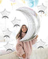Silver Moon Star Shape Balloons Big Size Jumbo Mylar Foil Helium Balloons Celebrations for Baby Shower Bar Theme Valentines Engagement Wedding Decors Anniversary Birthday Decorations Party Supplies