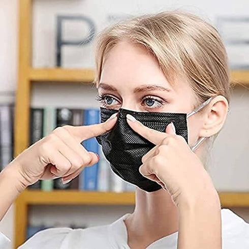 50 Pcs Black Disposable Face Masks w. High Filtration Ventilation Security Protection for Hygiene,3 Layers (2-Ply Non-Woven and 1-Ply Melt-Blown Fabric),Anti Dust Waterproof for Dental,Nail/Hair Salon