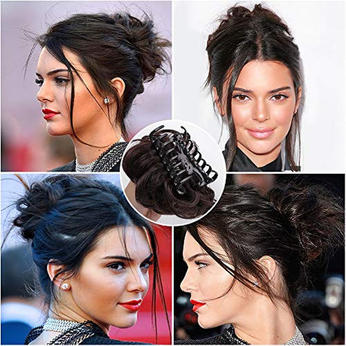DeeThens Messy Bun Hair Piece Tousled Updo Hairpiece for Women Wavy Curly Scrunchies Clip in Claw Hair Bun Synthetic Chignon Claw Clip With Hair Attached (Darkest Brown)