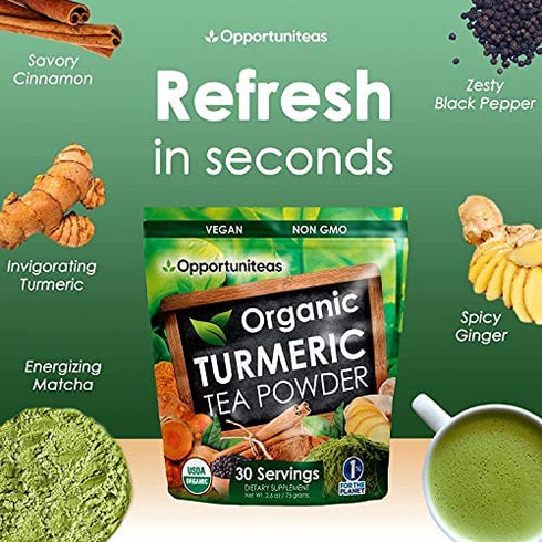 Organic Turmeric Tea Powder - Matcha Green Tea, Turmeric, Cinnamon, Ginger, Black Pepper - Natural Joint Support Supplement for Juice, Smoothie & Drinks - Vegan & Non-GMO - 30 Servings