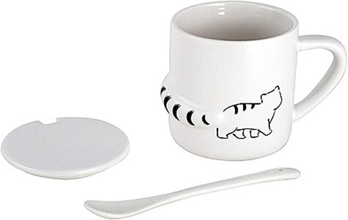 Gifts for Cat Lovers, White Ceramic Mug with Lid and Spoon, Microwavable Coffee Tea Cup with Kitty Decoration, 12 Ounces