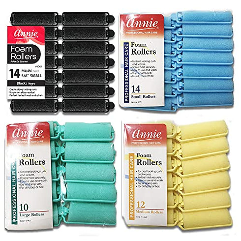 Annie- Salon Style Small Foam Hair Rollers - (5/8") Black - (14) Piece Set - Soft Heat-less Hair Curling Tools