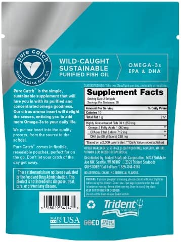 Trident Pure Catch Wild Alaska Omega 3 Fish Oil - (60 Count Soft Gels) - Provides 1,060 mg of Omega-3 Fatty acids, Including EPA & DHA, Supports a Healthy Heart, Brain, and Vision, Citrus ScentCert