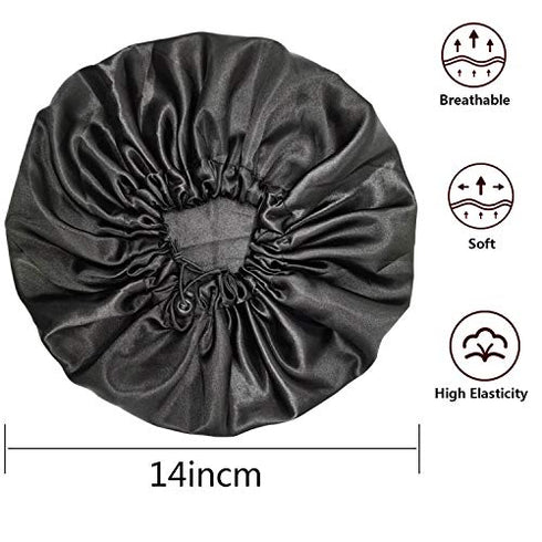 Satin Bonnets, Adjustable satin bonnets for women, Double Layer Large Sleeping Silk Bonnet, Soft Sleep Bonnet For Women Girls Curly Natural Hair Night Sleep Cap(Black)