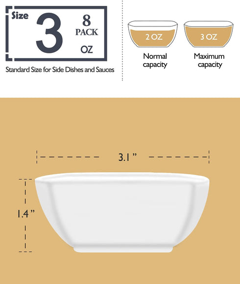 Dizada 8 PACK Dipping Bowls Set,Oven Safe - Ramekins for Baking Creme Brulee, 3 Oz Ceramic Soy Sauce Dish for BBQ sauce,Tomato Sauce, honey mustard and soy sauce, and other Party Serving Bowls Set