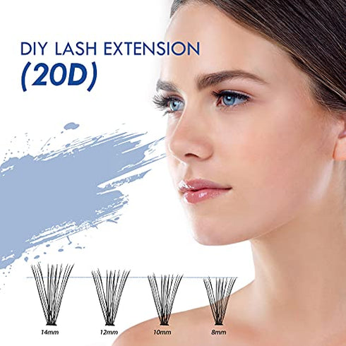 LANKIZ DIY Lash Extension Kit, 20D Faux Mink Individual Lashes,Cluster Lashes Glue,Lash Tweezers,8-14mm Mix Self-application Eyelash Extension at Home