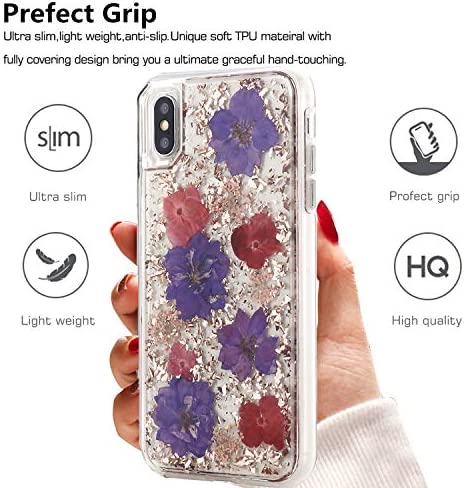 INKOMO iPhone SE2 Case, iPhone 8 Case,Women Luxury Fashion Natural Flower Glitter Foil Sparkle Hard Back Cover with Clear TPU Bumper Protective Phone Bling Case for iPhone SE 2/8/7 4.7'' (Rose Flower)