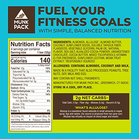 Munk Pack Keto Granola Bar | Almond Butter Cocoa Chip | 4 Bars | Low Carb Keto Snack for Kids & Adults | Chewy Bar, No Added Sugar Treat | Keto Breakfast Food | Low Sugar, Low Carb, Plant Based
