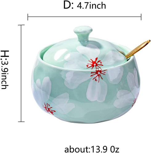 Ceramic Sugar Bowl with Lid, Ceramics Cyan Sugar Salt Pepper Storage Jar Seasoning Pot with Lid and Spoon for Home and Kitchen
