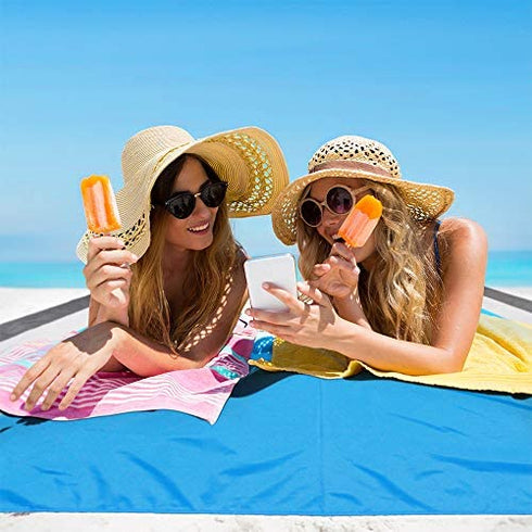 Beach Blanket Sand Proof Beach Mat Sand Free Extra Large Oversized for 4-7 Adults Waterproof Big & Compact Sandless Picnic Mat Quick Drying Nylon Lightweight with 6 Stakes & 4 Corner Pocket (7'×6.6')