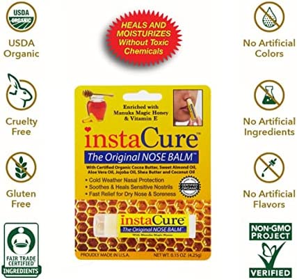 Fast Relief for Cracked, Dry and Sore Noses! InstaCure's Original Nose Balm with Raw Manuka Honey, Plus Coconut Oil, Shea Butter and Other Certified Organic Ingredients. Great Topical for Dogs' Noses!