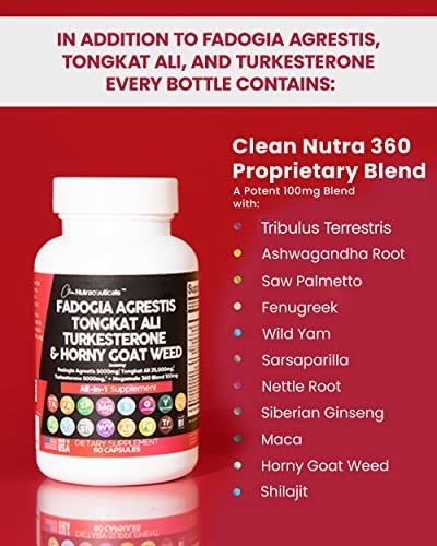 Fadogia Agrestis 5000mg Tongkat Ali 25000mg Turkesterone 5000mg Supplement with Horny Goat Weed, Saw Palmetto, Maca Root, Siberian Ginseng, Tribulus Terrestris, Fenugreek, Wild Yam USA - 60 Count