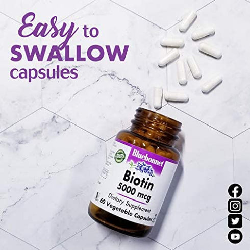 Bluebonnet Nutrition Biotin 1000 Mcg Vegetable Capsules, Biotin is a B Vitamin That Helps Make Keratin, Vegan, Vegetarian, Non GMO, Gluten Free, Soy Free, Milk Free, Kosher, 90 Vegetable Capsules
