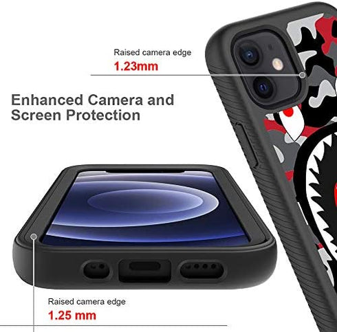 iPhone 11 Case, Street Fashion Design iPhone 11 Cases for Boys Girls Dual Layer Shockproof Rugged Cover Soft TPU + Hard PC Bumper Full-Body Cool Camo Case for iPhone 11 (6.1 inch) - Red Gray Shark