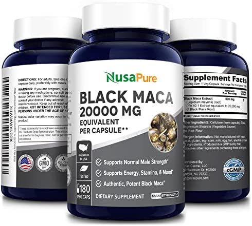 Black Maca Root 20,000 mg 180 Veggie Capsules (Vegan, Non-GMO, Gluten-Free) Max Strength,40:1 Extract