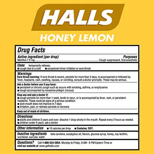 HALLS Relief Honey Lemon Cough Drops, Economy Pack, 80 Drops