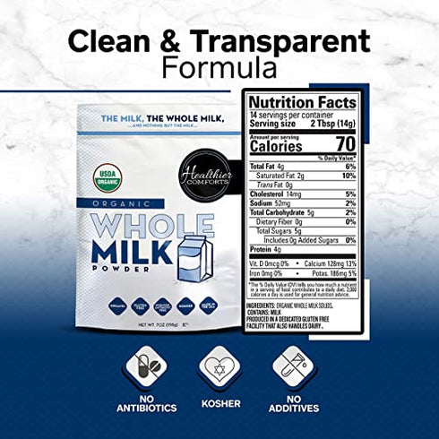 Healthier Comforts Organic Whole Milk Powder | Certified USDA Organic Powdered Milk | Kosher, Gluten Free, Non-GMO Dry Milk Powder Whole Milk | Dried Milk w/ Resealable Packaging, Shelf Stable Milk 7oz