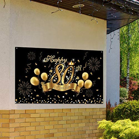 Happy 80th Birthday Decoration Banner Backdrop Party Decoration, Black Gold 80 Birthday Banner Sign Poster for 80th Anniversary Photo Booth Props Background Birthday Party Supplies, 72.8 x 43.3 Inch