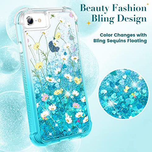 Ruky iPhone 6 6s 7 8 Case, iPhone SE 2022 Case, Full Body Glitter Liquid Floral Cover with Built-in Screen Protector Shockproof Girls Women Case for iPhone 6/6s/7/8/SE 2020 & SE 2022, Flower Bouquet