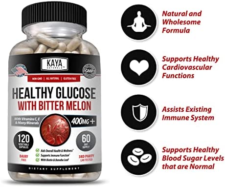 Kaya Naturals Healthy Gluco with Bitter Melon Supplement | Support Healthy Levels & Function, 20 Herbs Vitamins Minerals, Alpha Lipoic Acid, Cinnamon, Vitamin C & E Gluten Free, Non-GMO - 120 Capsules