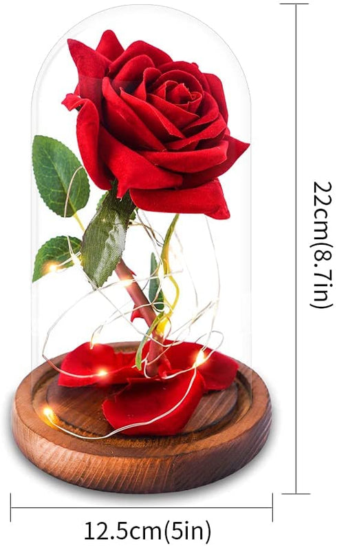 Beauty and The Beast Rose ,Red Silk Rose with Fallen Petals in Glass Dome on Wooden Base,Graduation Gift,Birthday Gifts?Valentine's Day ,Anniversary ,Christmas