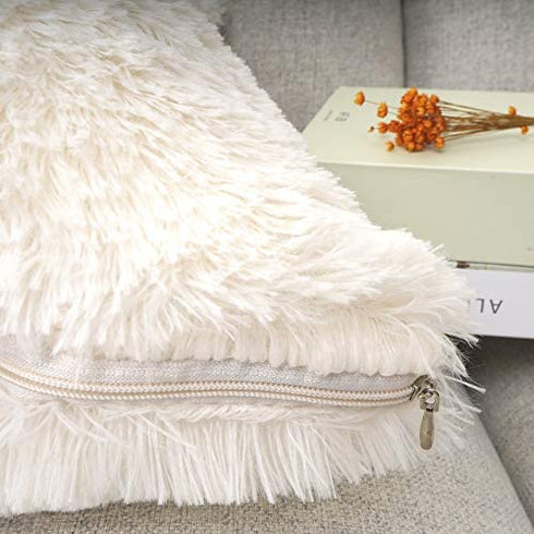 YOUR SMILE Pack of 2, Decorative Plush New Luxury Series Merino Style Faux Fur Throw Pillow Case Cushion Cover 18" x 18"(Ivory,White)