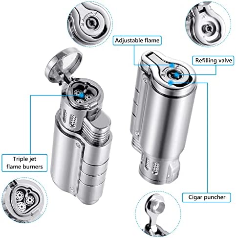 Torch Lighter, Butane Refillable Triple Jet Flame Adjustable Windproof Lighter with Puncher, Cigar Cutter and Lighter Set, Gifts for Men- Butane Gas Not Included