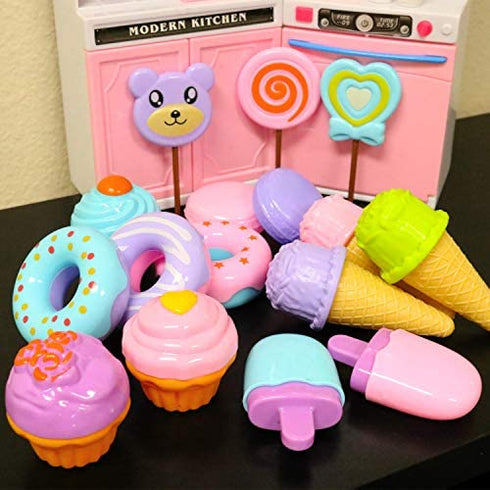 GIFTEXPRESS 17 PCS Pretend Play Food Dessert Set, Sweet Treats Assortment, Toy Donuts, Cupcakes, Ice Cream, Candy Bars, Assorted Dessert Toys for Kids