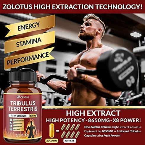 Tribulus Terrestris, 8650mg Per Capsule, High Potency with Ashwagndha, Panax Ginseng, Saw Palmetto, Maca, Shilajit. Boost Energy, Mood, Stamina & Performance, for Men & Women, 3 Months Supply.