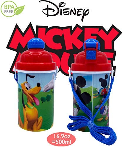 Zak Designs Disney Classic Mickey Carrying Strap One Touch Water Bottles with Reusable Built in Straw - Safe Approved BPA Free, Easy to Clean, for Kids Girls Boys, Goodies Home Travel