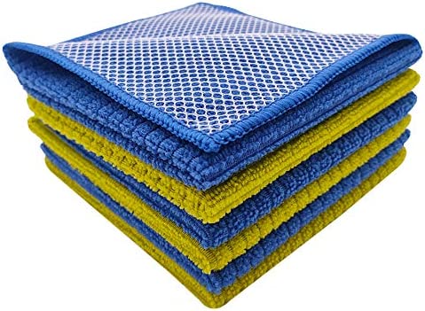 Microfiber Dish Cloth Kitchen Cleaning Rags with Net Poly Scour Side for Washing 12" x 12" 6 Pack (Green and Blue)