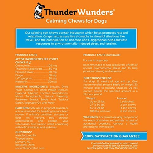 ThunderWunders Dog Calming Chews | Thiamine, L-Tryptophan, Melatonin and Ginger | Can Help Relieve Stress from Separation, Storms, Fireworks & Travel (60 Count)