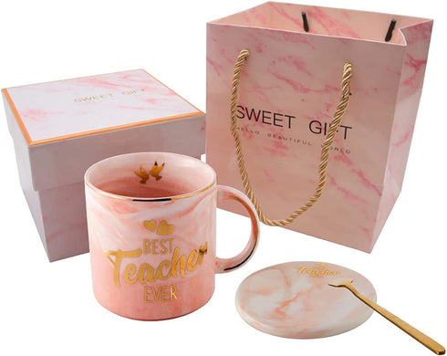 Best Teacher Ever Pink Marble Ceramic Coffee Mug (11.5oz) and Coasters Set - Teacher Gifts - Teacher Appreciation Gifts - Gifts for Teacher - Birthday Gifts Ideas for Teacher
