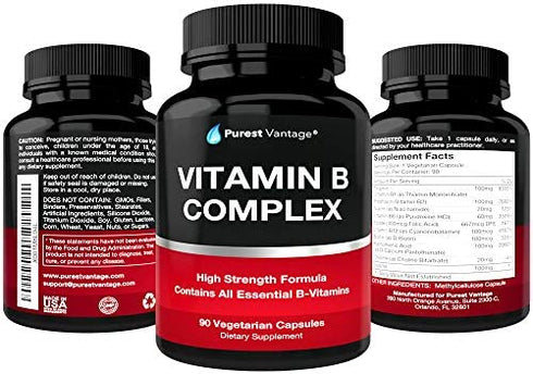Vitamin B Complex Vitamins B12, B1, B2, B3, B5, B6, B7, B9, Folic Acid - Super B Complex Vitamins for Women, Men, Adults – Aids in Energy, Stress, and Immunity - 90 Vegetarian Capsules