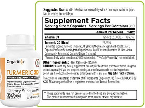 Organixx Turmeric Curcumin, Natural Inflammatory, and Immune Support, Maintain Healthy Joints, with Ginger, Ashwagandha, Vitamin D, Fermented for Maximum Bioavailability, 60 Vegetarian Capsules